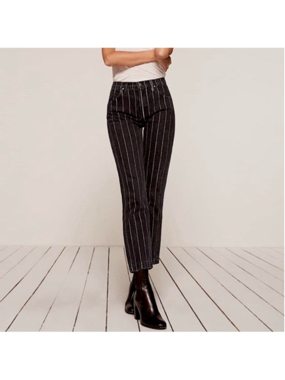 REFORMATION ROPER JEANS Washed Out Dark Grey/Black with White Pinstripes Size 26